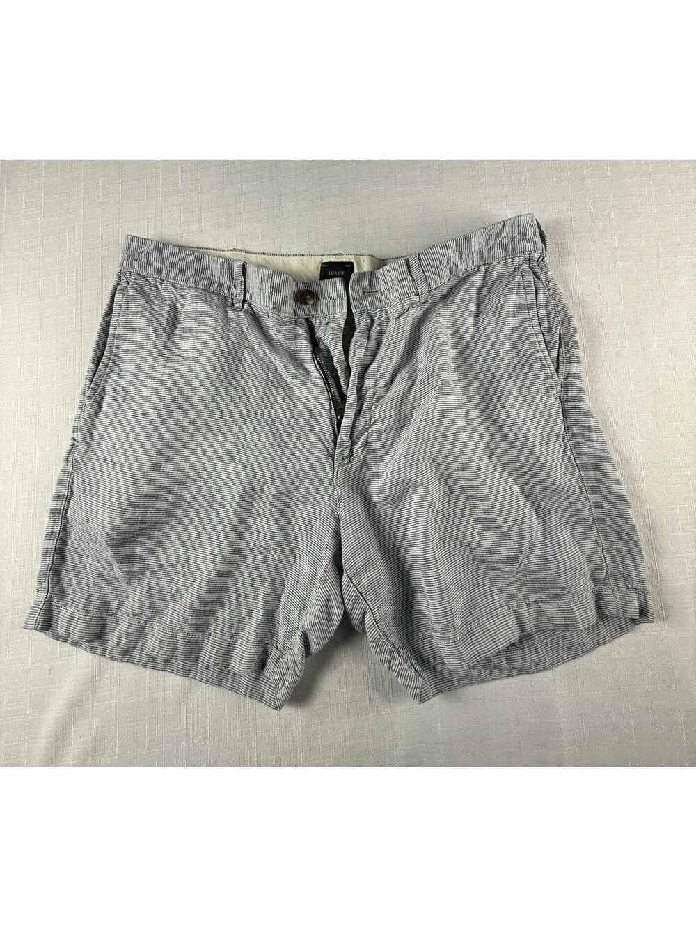 J.Crew Mens Linen Shorts Size 34 Blue White Stripe Flat Front Casual Summer